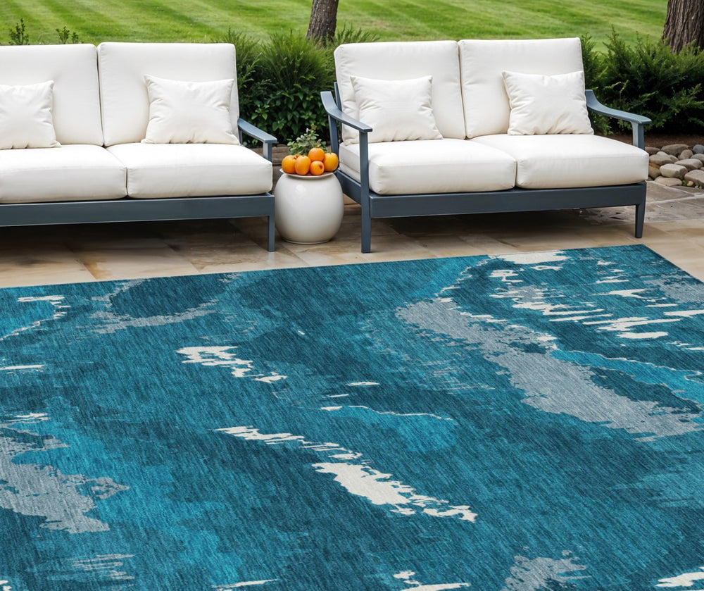 HomeRoots 9' Navy and Teal Abstract Washable Area Rug for Indoor and Outdoor Spaces – Durable, Easy Care, Stylish 9' X 12' 590194