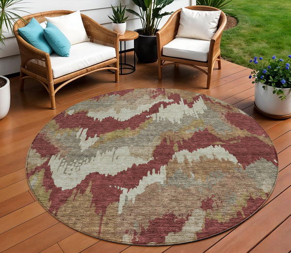 Homeroots 3' Stylish Beige Brown And Ivory Abstract Washable Area Rug For Indoor And Outdoor Spaces 8' Round Polyester 590198