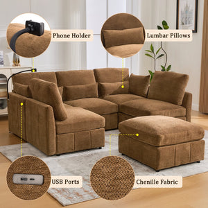 English Elm Modern Sectional Sofa: Versatile Modular Couch With Ottoman, Usb Ports & Phone Holder For Living Room N719S002050D