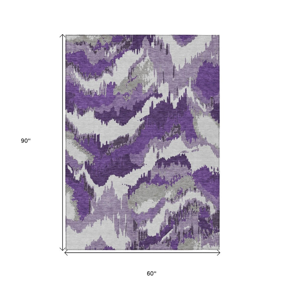 HomeRoots 5' Abstract Purple Lavender and Gray Washable Area Rug for Indoor and Outdoor High-Traffic Use 5' X 8' 590203