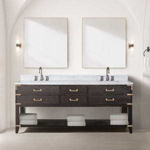 English Elm Brown Oak 80" Double Bath Vanity with Polished Carrara Marble Top, Soft-Close Drawers & Chrome Faucet Set B2731P260333