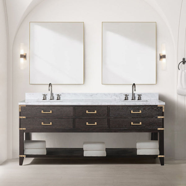 English Elm Brown Oak 80" Double Bath Vanity with Polished Carrara Marble Top, Soft-Close Drawers & Chrome Faucet Set B2731P260333