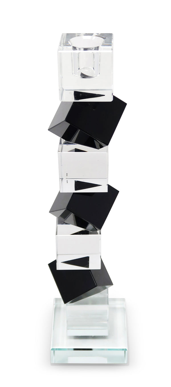 Homeroots 12" Black And Clear Crystal Tabletop Taper Candlestick – Modern Geometric Design For Elegant Decor   590222