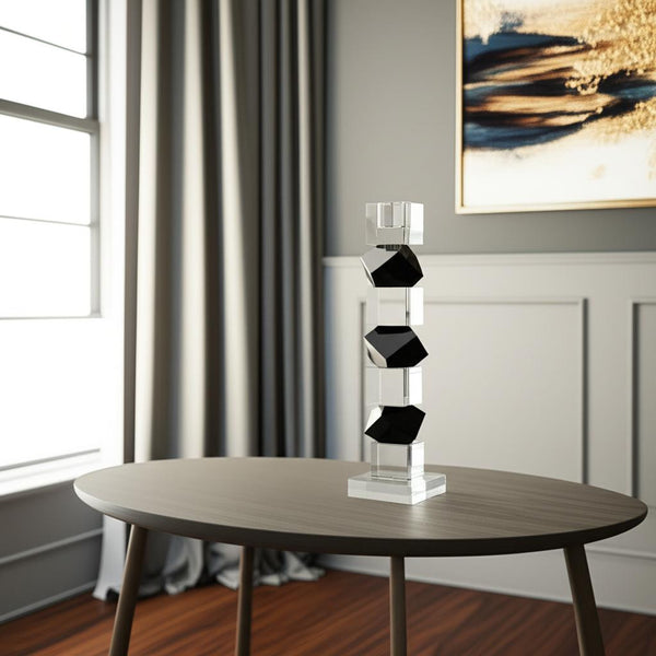 Homeroots 12" Black And Clear Crystal Tabletop Taper Candlestick – Modern Geometric Design For Elegant Decor   590222