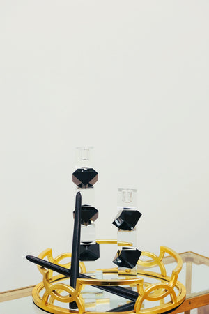 Homeroots 12" Black And Clear Crystal Tabletop Taper Candlestick – Modern Geometric Design For Elegant Decor   590222