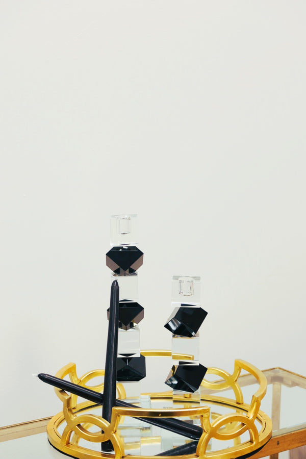 Homeroots 12" Black And Clear Crystal Tabletop Taper Candlestick – Modern Geometric Design For Elegant Decor   590222