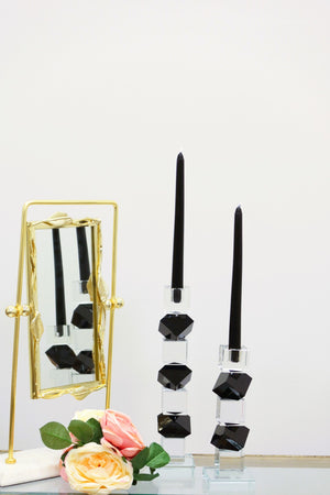 Homeroots 12" Black And Clear Crystal Tabletop Taper Candlestick – Modern Geometric Design For Elegant Decor   590222