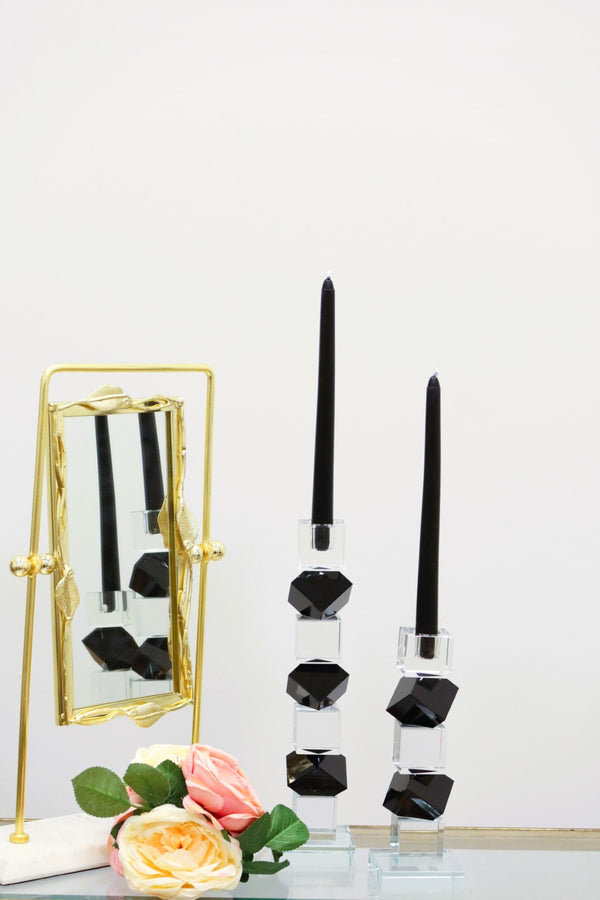 Homeroots 12" Black And Clear Crystal Tabletop Taper Candlestick – Modern Geometric Design For Elegant Decor   590222