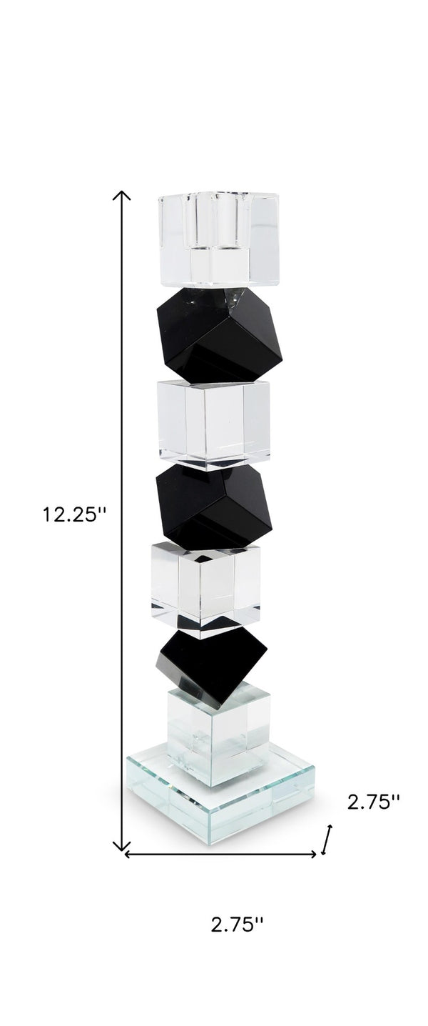 Homeroots 12" Black And Clear Crystal Tabletop Taper Candlestick – Modern Geometric Design For Elegant Decor   590222
