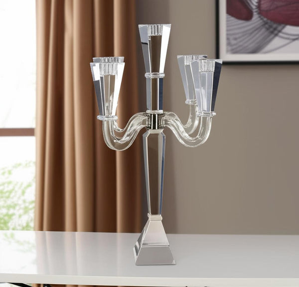 Homeroots 20" Clear Crystal Tabletop Candelabra Candle Holder - Elegant Five-candle Display For Romantic Ambiance   590228