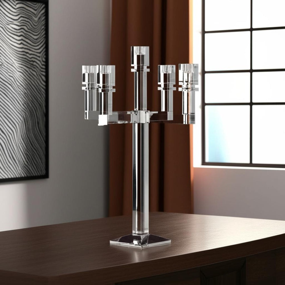 HomeRoots 20" Clear Faceted Crystal Candelabra Candle Holder – Elegant Tabletop Centerpiece for Any Occasion 590229