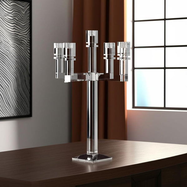 HomeRoots 20" Clear Faceted Crystal Candelabra Candle Holder – Elegant Tabletop Centerpiece for Any Occasion 590229