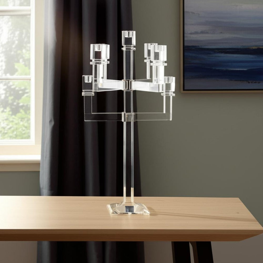 Homeroots 25" Clear Faceted Crystal Candelabra Candle Holder - Elegant 9-candle Centerpiece For Home Decor   590230