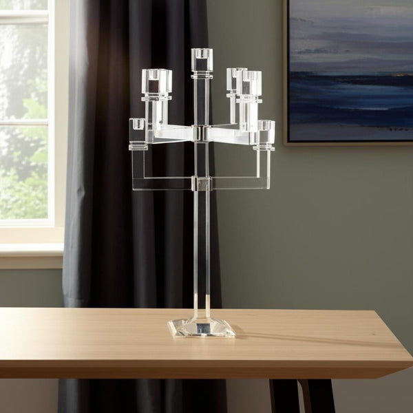 Homeroots 25" Clear Faceted Crystal Candelabra Candle Holder - Elegant 9-candle Centerpiece For Home Decor   590230