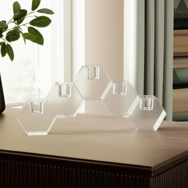 Homeroots 5" Clear Crystal Geometric Tabletop Candelabra - Stylish Centerpiece For Modern Home Decor & Events   590231