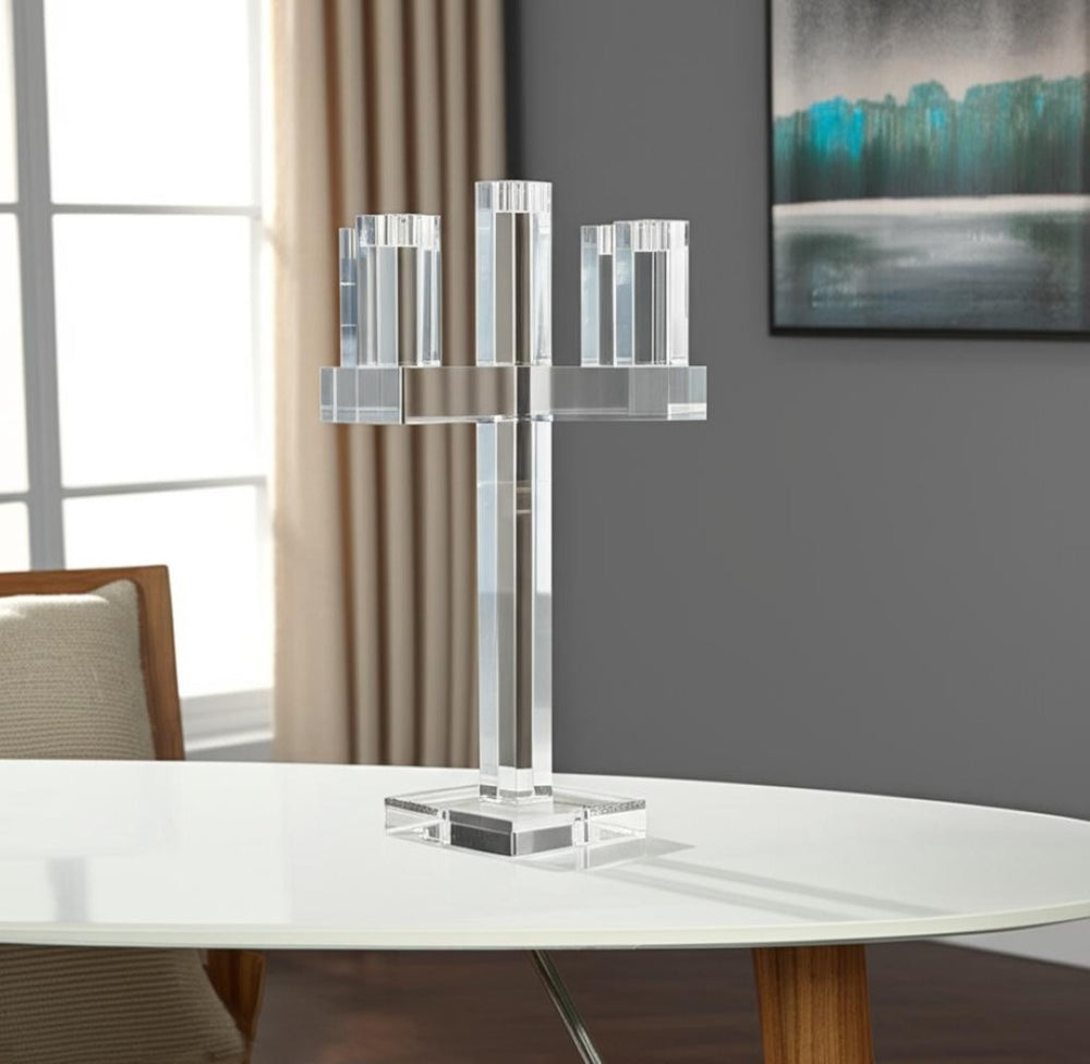 HomeRoots 20" Clear Faceted Crystal Candelabra - Stunning Tabletop Candle Holder for Elegant Home Decor 590232
