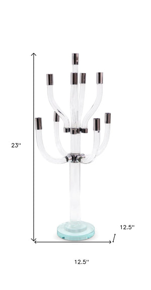Homeroots 23" Elegant Clear And Silver Crystal Tabletop Candelabra - Stunning Candle Holder For Any Occasion   590252