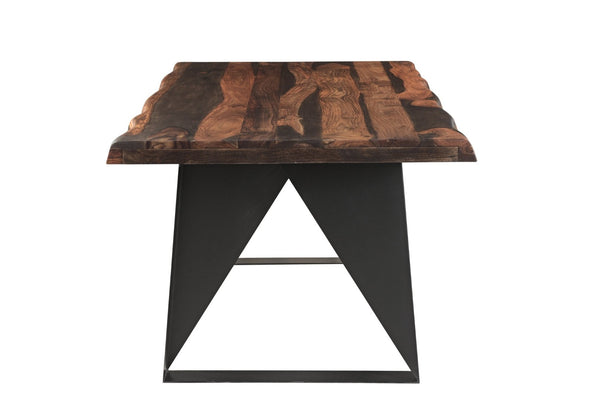 HomeRoots Six Piece Solid Wood Dining Set with Dark Brown Table, Black Metal Base & Comfortable Chairs 590253