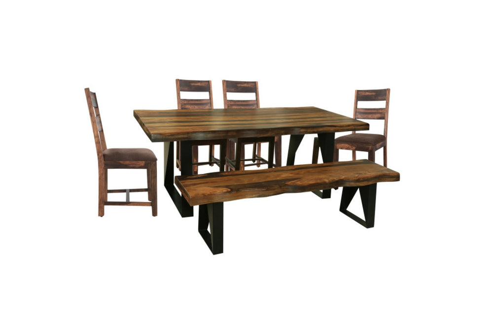 HomeRoots Six Piece Solid Wood Dining Set with Dark Brown Table, Black Metal Base & Comfortable Chairs 590253