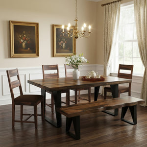 HomeRoots Six Piece Solid Wood Dining Set with Dark Brown Table, Black Metal Base & Comfortable Chairs 590253