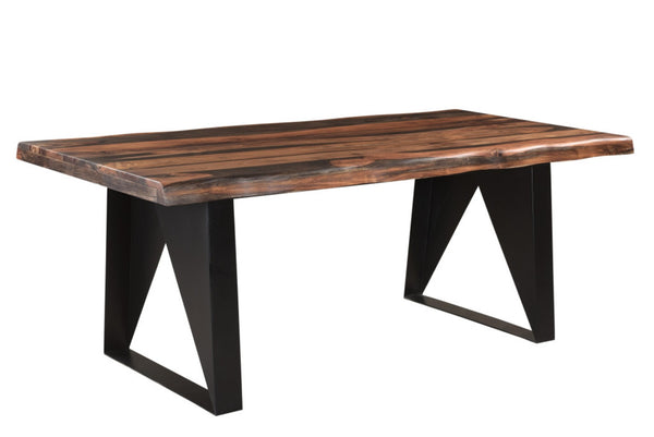 HomeRoots Six Piece Solid Wood Dining Set with Dark Brown Table, Black Metal Base & Comfortable Chairs 590253