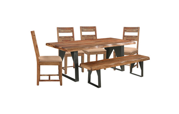 HomeRoots Six-Piece Solid Wood Dining Set with Metal Base - Elegant Brown & Black Design for 6 People! 590255