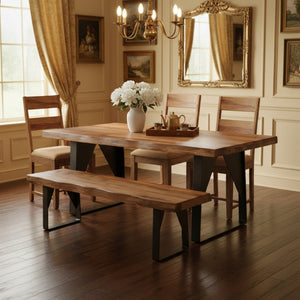 HomeRoots Six-Piece Solid Wood Dining Set with Metal Base - Elegant Brown & Black Design for 6 People! 590255