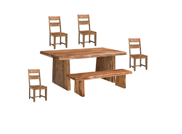 HomeRoots Six Elegant Brown Solid Wood Dining Set: Timeless Design with 4 Comfortable Ladder-Back Chairs 590262