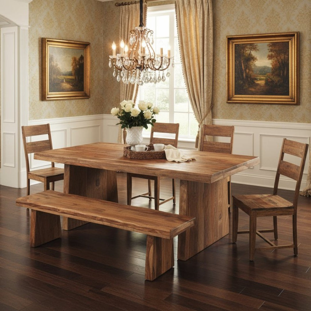 HomeRoots Six Elegant Brown Solid Wood Dining Set: Timeless Design with 4 Comfortable Ladder-Back Chairs 590262