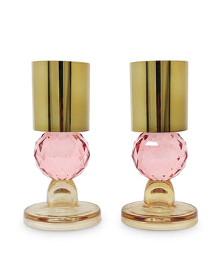 Homeroots Set Of Two Amber Gold & Pink Crystal Taper Candlesticks - Elegant Home Decor Accent Pieces   590268