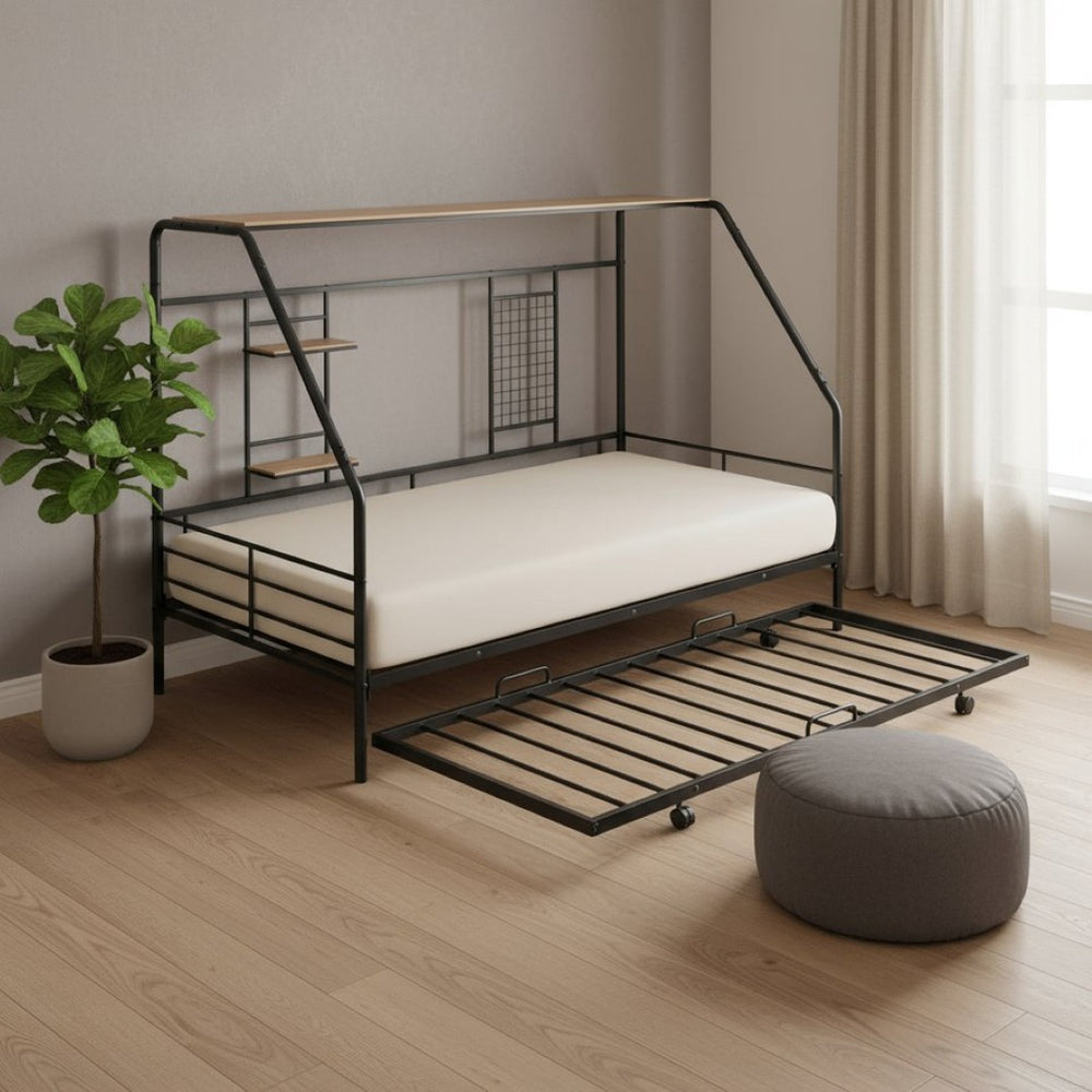 HomeRoots Black Metal Twin Bed Frame with Pull-Out Trundle – Stylish, Durable, Space-Saving Design for Any Room 590276