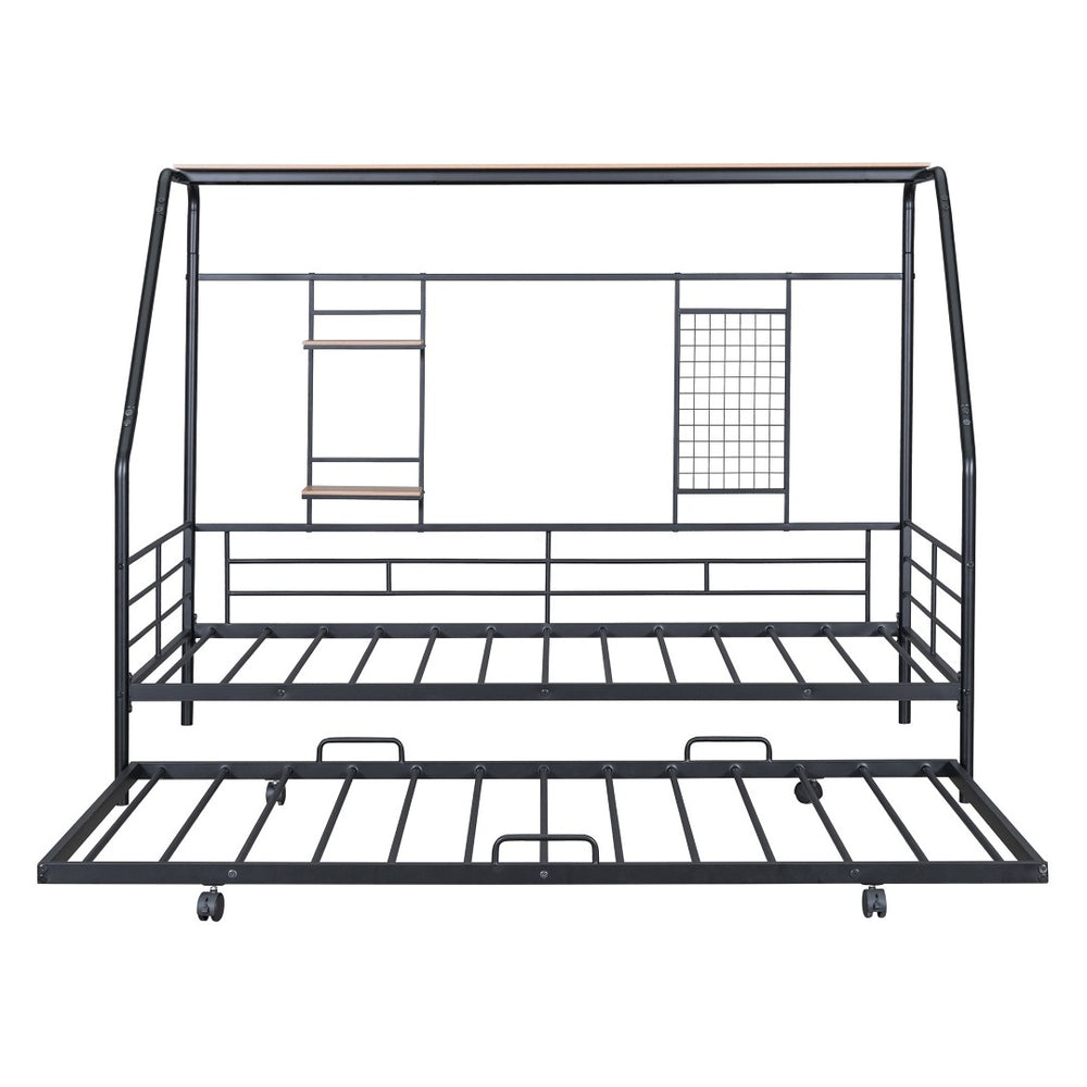 HomeRoots Black Metal Twin Bed Frame with Pull-Out Trundle – Stylish, Durable, Space-Saving Design for Any Room 590276
