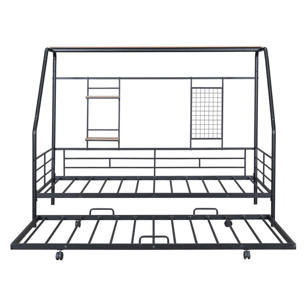 HomeRoots Black Metal Twin Bed Frame with Pull-Out Trundle – Stylish, Durable, Space-Saving Design for Any Room 590276