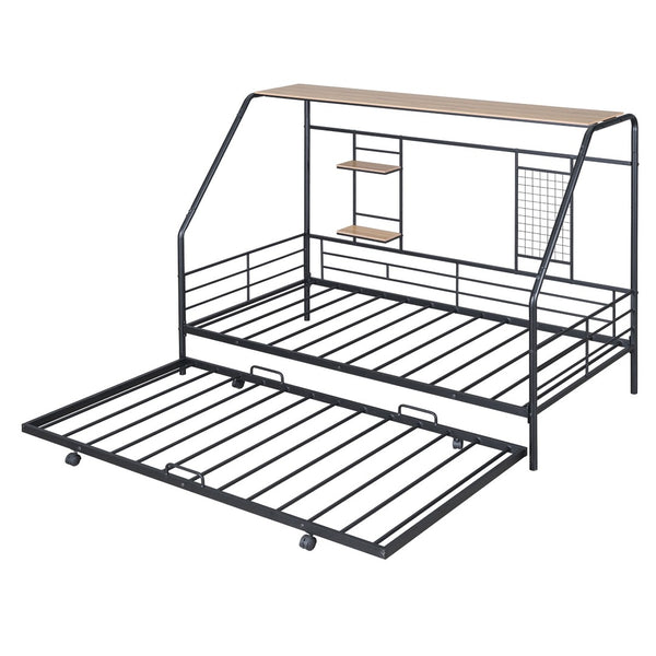 HomeRoots Black Metal Twin Bed Frame with Pull-Out Trundle – Stylish, Durable, Space-Saving Design for Any Room 590276
