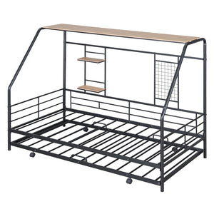 HomeRoots Black Metal Twin Bed Frame with Pull-Out Trundle – Stylish, Durable, Space-Saving Design for Any Room 590276