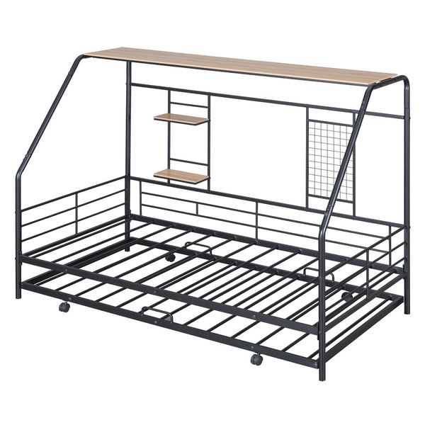 HomeRoots Black Metal Twin Bed Frame with Pull-Out Trundle – Stylish, Durable, Space-Saving Design for Any Room 590276