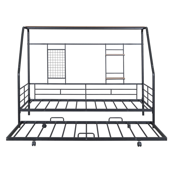 HomeRoots Black Metal Twin Bed Frame with Pull-Out Trundle – Stylish, Durable, Space-Saving Design for Any Room 590276