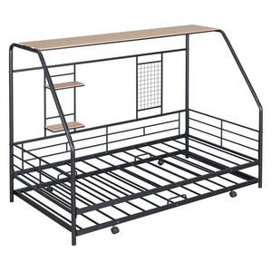 HomeRoots Black Metal Twin Bed Frame with Pull-Out Trundle – Stylish, Durable, Space-Saving Design for Any Room 590276