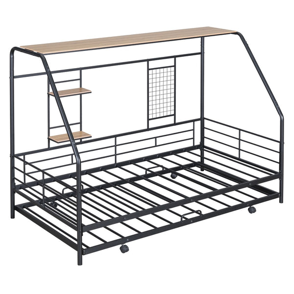 HomeRoots Black Metal Twin Bed Frame with Pull-Out Trundle – Stylish, Durable, Space-Saving Design for Any Room 590276