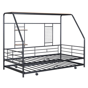 HomeRoots Black Metal Twin Bed Frame with Pull-Out Trundle – Stylish, Durable, Space-Saving Design for Any Room 590276