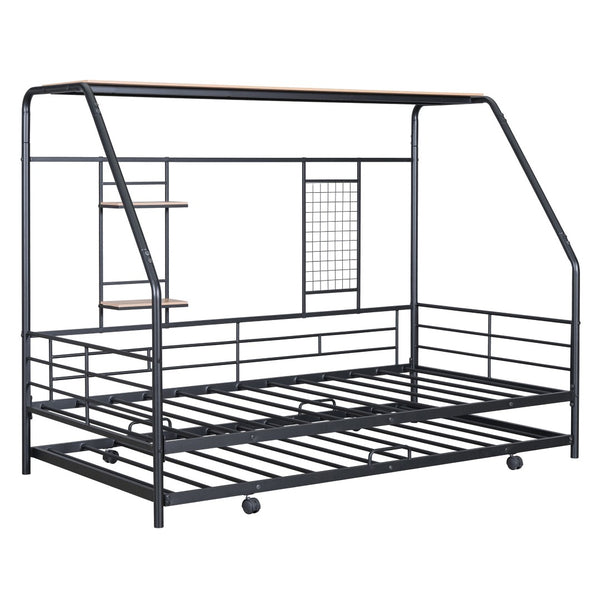 HomeRoots Black Metal Twin Bed Frame with Pull-Out Trundle – Stylish, Durable, Space-Saving Design for Any Room 590276