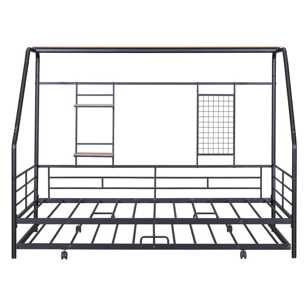 HomeRoots Black Metal Twin Bed Frame with Pull-Out Trundle – Stylish, Durable, Space-Saving Design for Any Room 590276