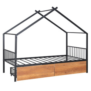 HomeRoots Black Metal Twin Bed Frame with Storage Drawers - Sleek Design, Sturdy Support & Modern Style 590278