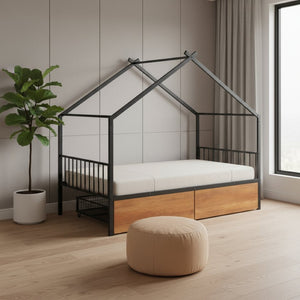 HomeRoots Black Metal Twin Bed Frame with Storage Drawers - Sleek Design, Sturdy Support & Modern Style 590278