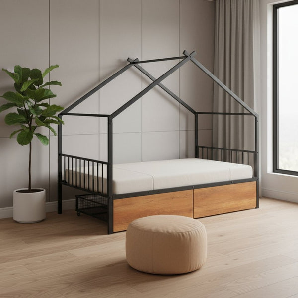 HomeRoots Black Metal Twin Bed Frame with Storage Drawers - Sleek Design, Sturdy Support & Modern Style 590278