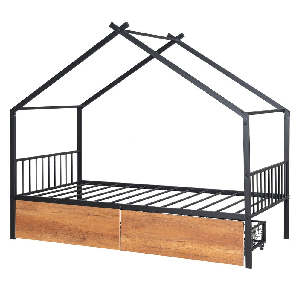 HomeRoots Black Metal Twin Bed Frame with Storage Drawers - Sleek Design, Sturdy Support & Modern Style 590278