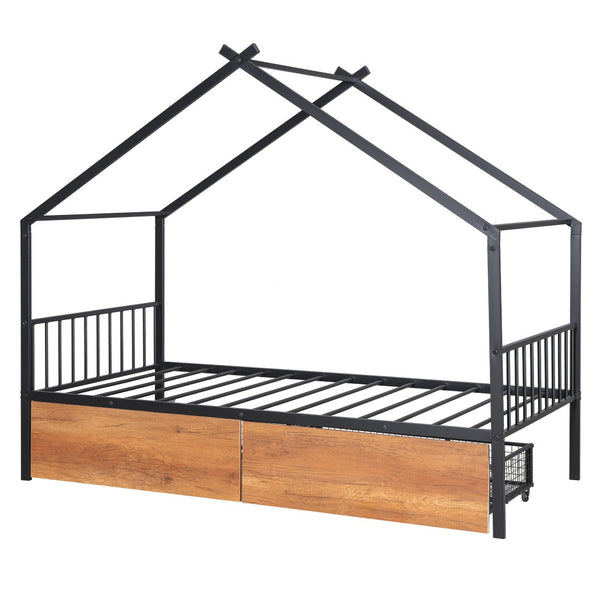 HomeRoots Black Metal Twin Bed Frame with Storage Drawers - Sleek Design, Sturdy Support & Modern Style 590278