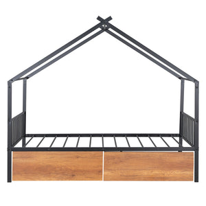 HomeRoots Black Metal Twin Bed Frame with Storage Drawers - Sleek Design, Sturdy Support & Modern Style 590278