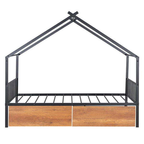 HomeRoots Black Metal Twin Bed Frame with Storage Drawers - Sleek Design, Sturdy Support & Modern Style 590278