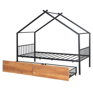 HomeRoots Black Metal Twin Bed Frame with Storage Drawers - Sleek Design, Sturdy Support & Modern Style 590278